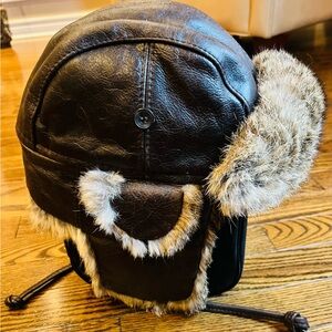 Nathaniel Cole Leather Aviator/Trapper Hat | Real Rabbit Fur Trim | Men’s M/M